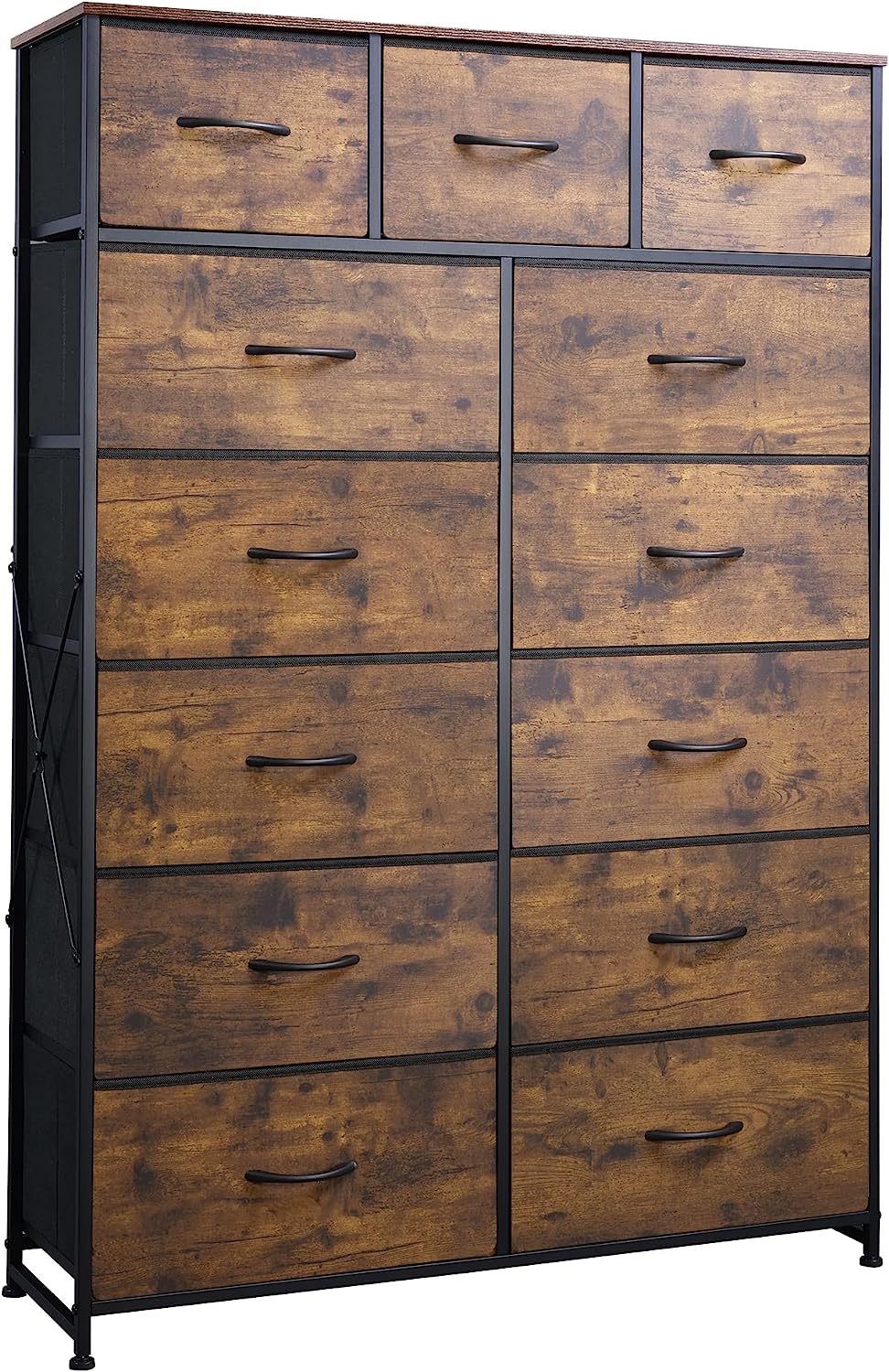 WLIVE Tall Dresser for Bedroom with 13 Drawers, Storage Dresser Organizer Unit, Fabric Dresser for Bedroom, Closet, Chest of Drawers, Steel Frame, Wood Top, Rustic Brown Wood Grain Print