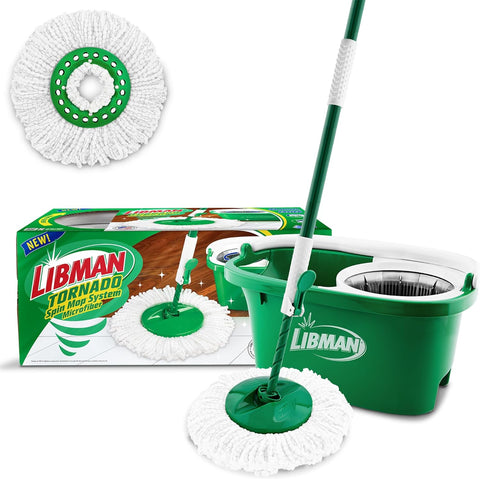 Libman Tornado Spin Mop System - Mop and Bucket with Wringer Set for Floor Cleaning - 2 Total Mop Heads Included, Green