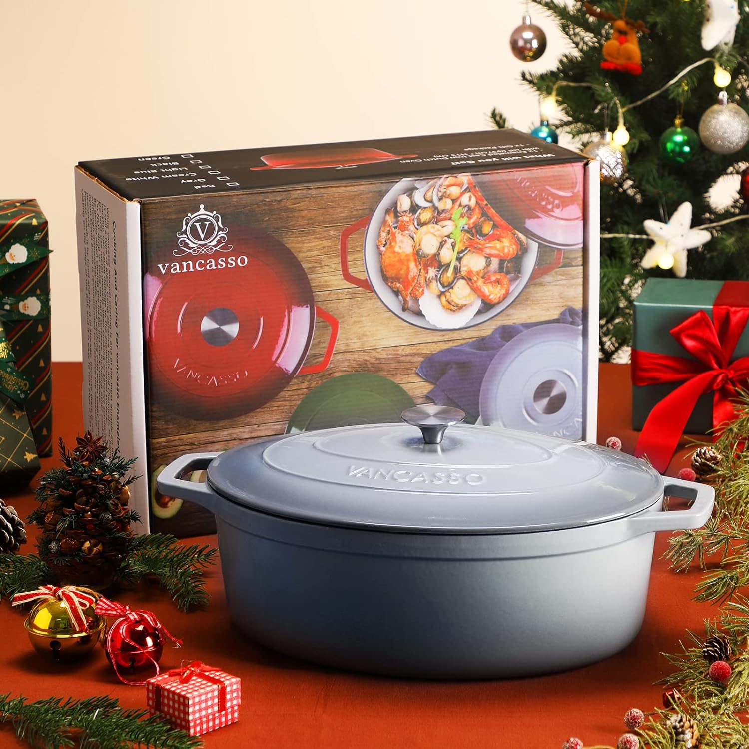 vancasso Round Dutch Ovens,9.3 QT Oval Enameled Coating Cast Iron Dutch Oven Pot for Baking, Red