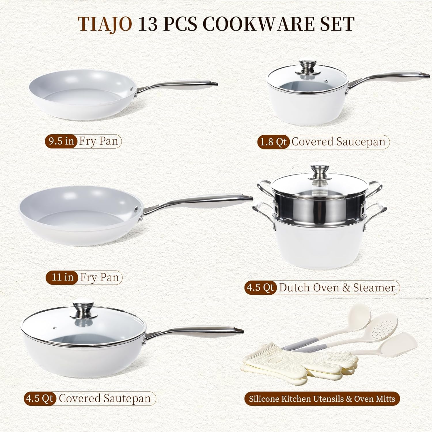 TIAJO 13 Piece Healthy Ceramic Nonstick Kitchen Cookware Set, Heavy Gauge Aluminum Pots and Pans Set, PFOA Free, Induction/Ceramic Stove Compatible, Oven/Dishwasher Safe, White & Gray