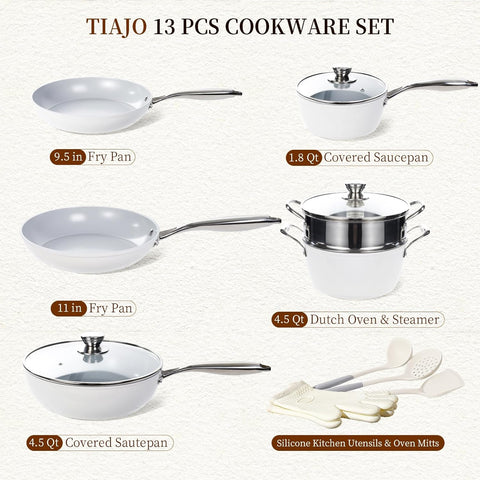 TIAJO 13 Piece Healthy Ceramic Nonstick Kitchen Cookware Set, Heavy Gauge Aluminum Pots and Pans Set, PFOA Free, Induction/Ceramic Stove Compatible, Oven/Dishwasher Safe, White & Gray