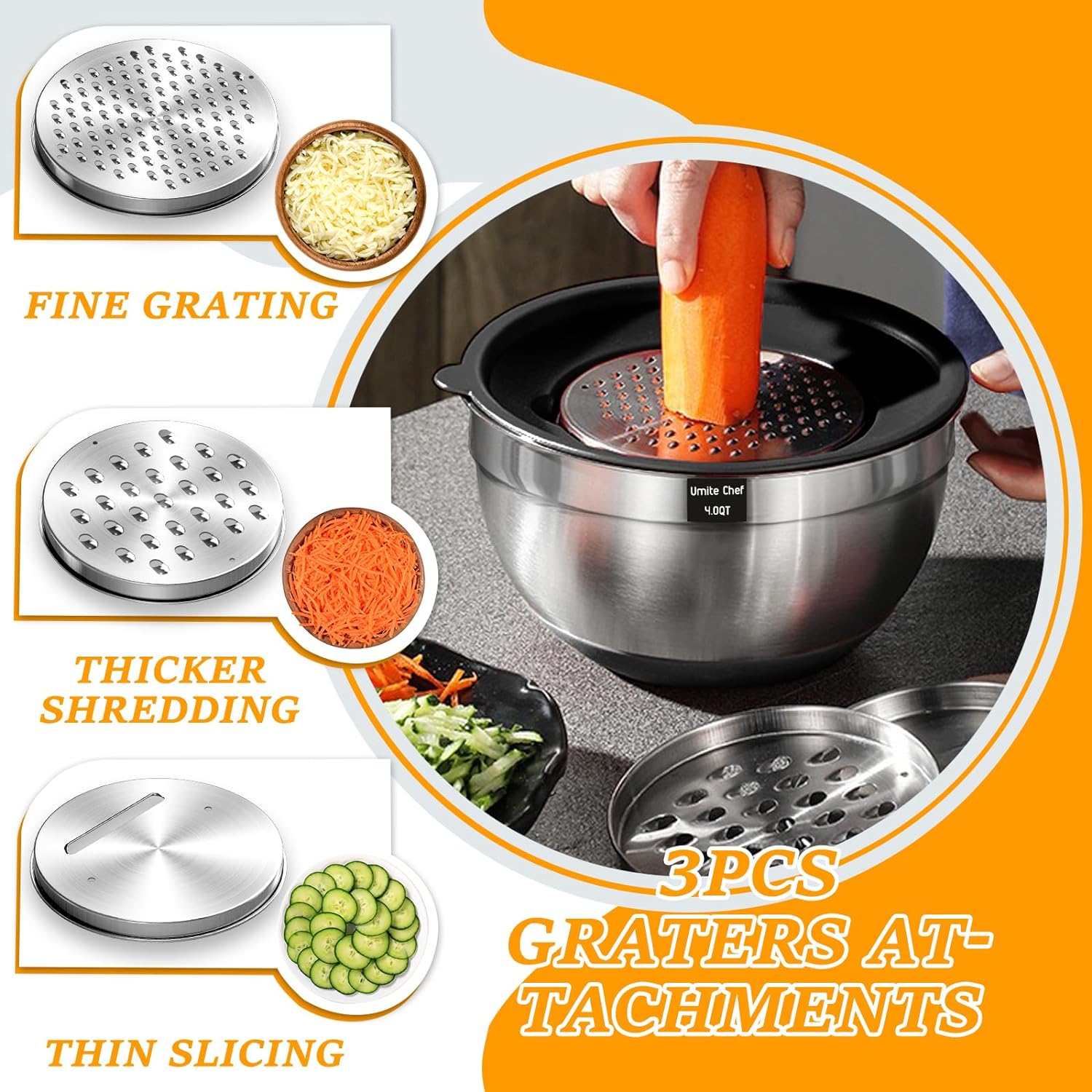 Mixing Bowls with Airtight Lids Set, 26PCS Stainless Steel Khaki Bowls with Grater Attachments, Non-Slip Bottoms & Kitchen Gadgets Set, Size 7, 4, 2.5, 2.0,1.5, 1QT, Great for Mixing & Serving