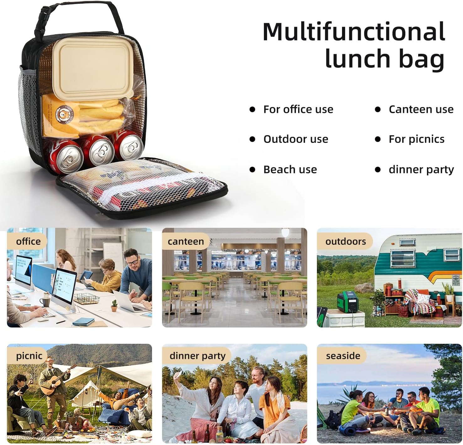 AYEANY Lunch box Lunch bag for men women Large capacity Lunchbox Reusable Lunch bags Insulated Lunch bag Lunch box cooler (Black)