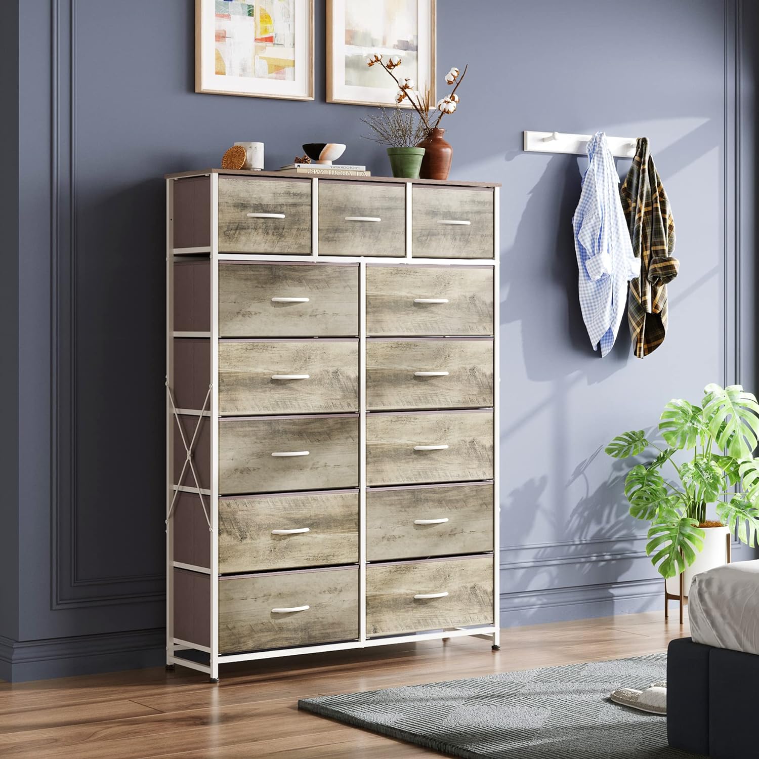 WLIVE Tall Dresser for Bedroom with 13 Drawers, Storage Dresser Organizer Unit, Fabric Dresser for Bedroom, Closet, Chest of Drawers, Steel Frame, Wood Top, Rustic Brown Wood Grain Print