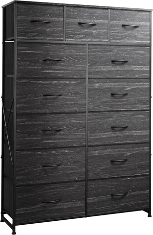 WLIVE Tall Dresser for Bedroom with 13 Drawers, Storage Dresser Organizer Unit, Fabric Dresser for Bedroom, Closet, Chest of Drawers, Steel Frame, Wood Top, Rustic Brown Wood Grain Print