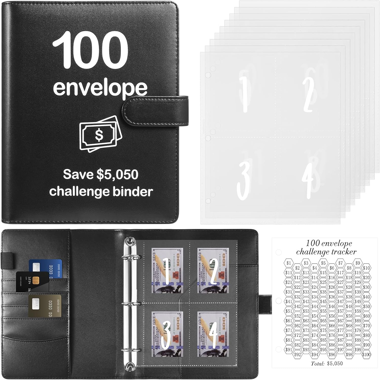 100 Envelopes Money Saving Challenge Binder with Reusable Laminated Tracker, Budget Book with Cash Envelopes, Easy and Fun Way to Save $5,050 (Pink)