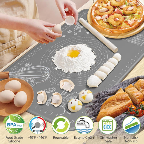 Silicone Pastry Mat Extra Thick Non-stick Baking Mat, 28" x 20" Rolling Dough With Measurements Non-slip Silicone Mat, Kneading Mat, Counter Mat, Dough Mat with Edge Heightening