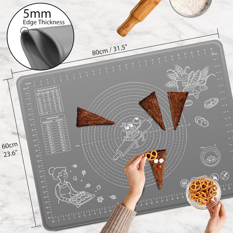 Silicone Pastry Mat Extra Thick Non-stick Baking Mat, 28" x 20" Rolling Dough With Measurements Non-slip Silicone Mat, Kneading Mat, Counter Mat, Dough Mat with Edge Heightening