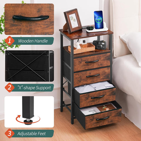 Yoobure Dresser with 4 Storage Drawers and Charging Station, Small Dresser for Bedroom, Tall Dressers & Chests of Drawers, Fabric Side Table for Closet, Nightstand Bedside Tables, Berry Brown