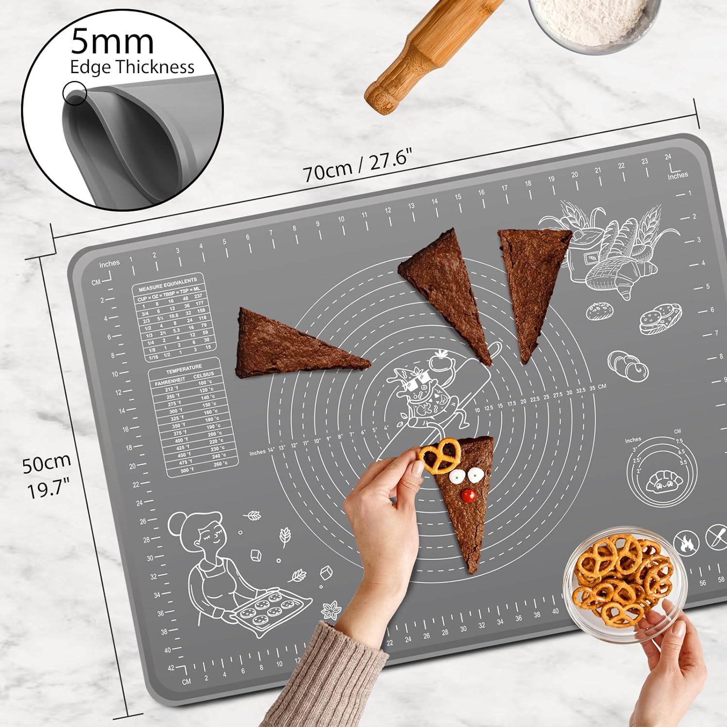 Silicone Pastry Mat Extra Thick Non-stick Baking Mat, 28" x 20" Rolling Dough With Measurements Non-slip Silicone Mat, Kneading Mat, Counter Mat, Dough Mat with Edge Heightening