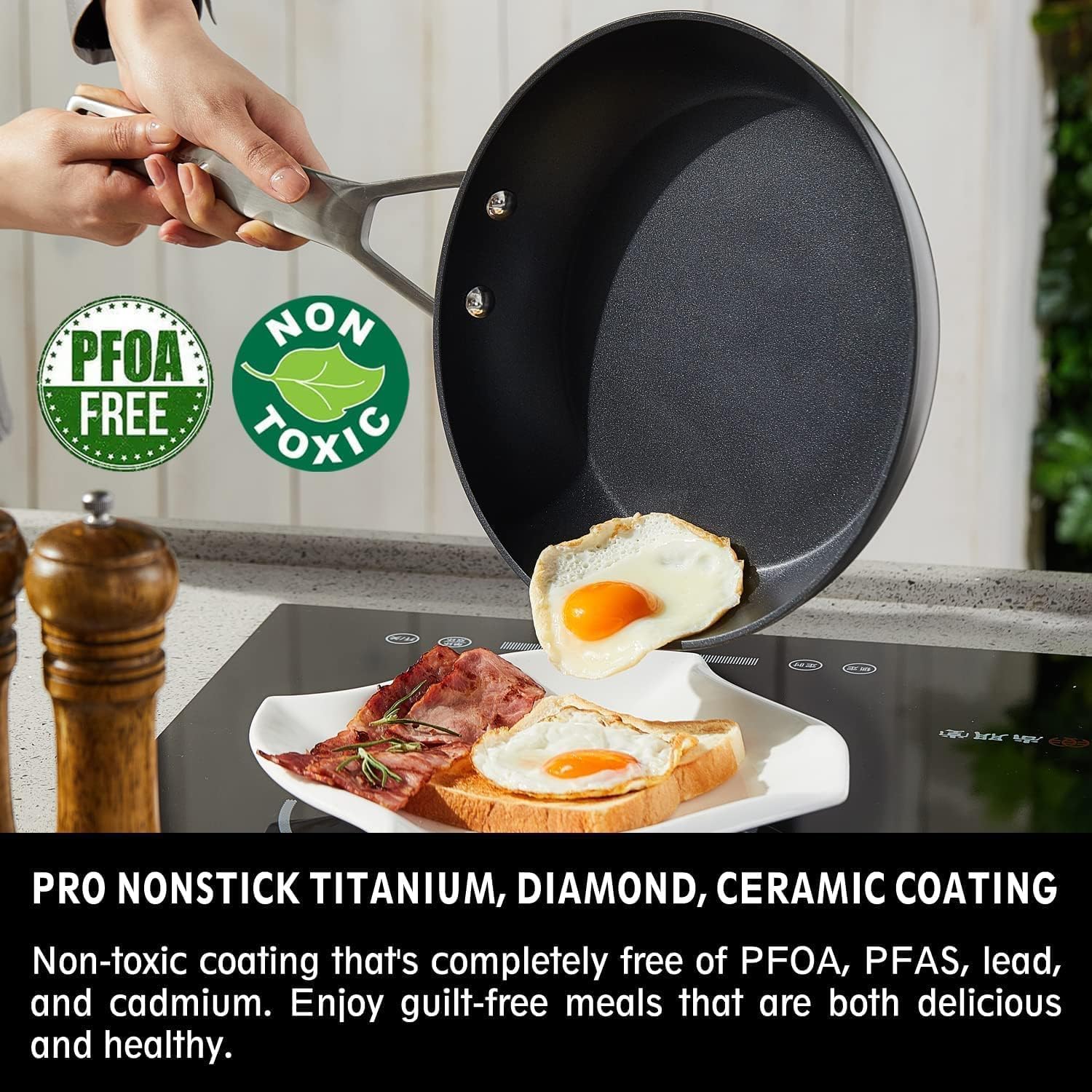 MsMk 8 1/2 Inch Small Egg Pan with Lid, Titanium and Ceramic Nonstick Omelette Pan,Scratch-resistant, Induction Egg Skillet, Oven Safe to 700°F Pan for Cooking, Dishwasher Safe