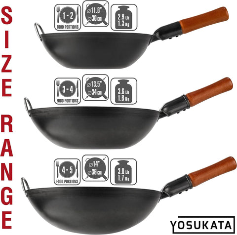 YOSUKATA Carbon Steel Wok Pan – 13,5 “ Stir Fry Pans - Chinese Wok with Flat Bottom Pow Wok - Traditional Japanese Woks - Black Carbon Steel