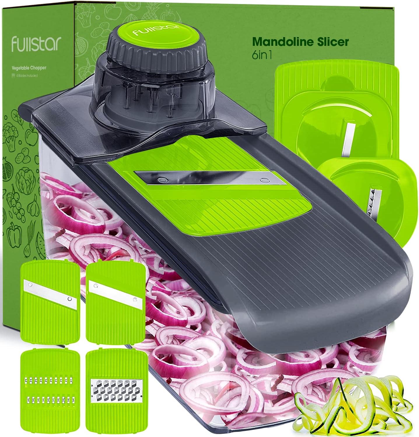 Fullstar Mandoline Slicer for Kitchen, Cheese Grater Vegetable Spiralizer and Veggie Slicer for Cooking & Meal Prep, Kitchen Gadgets Organizer & Safety Glove Included (6 in 1, White)