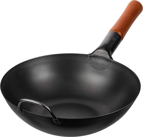 YOSUKATA Carbon Steel Wok Pan – 13,5 “ Stir Fry Pans - Chinese Wok with Flat Bottom Pow Wok - Traditional Japanese Woks - Black Carbon Steel