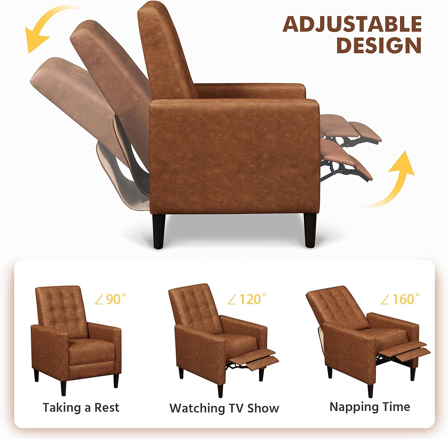 Yaheetech Faux Leather Recliner Sofa Mid-Century Modern Single Reclining Chair Adjustable Back & Footrest Tufted Upholstered Sofa with Pocket Spring Living Room Bedroom Home Theater Brown