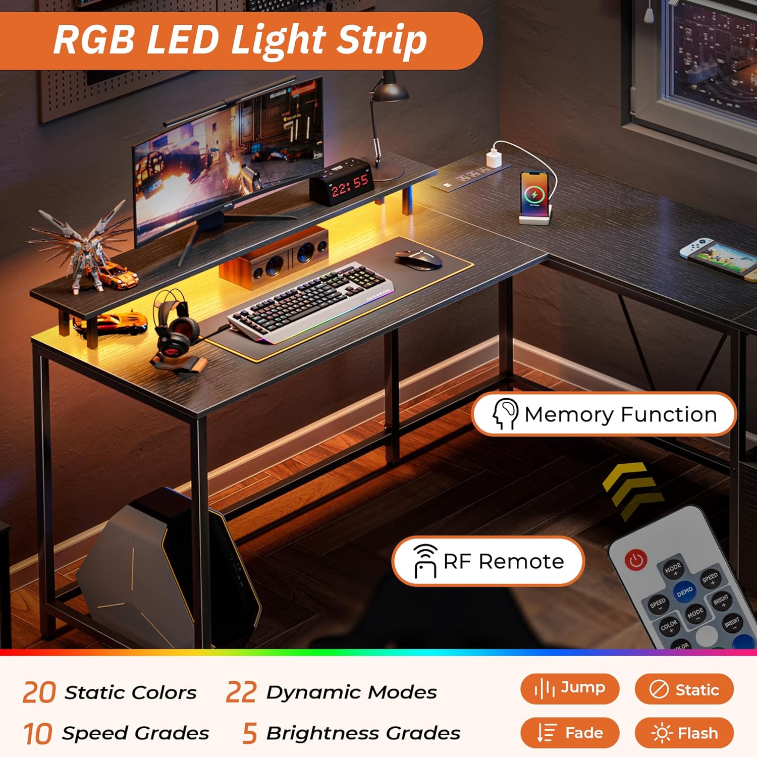 PRAISUN L Shaped Office Desk with LED Lights and Power Outlets, Reversible Computer Desk with File Cabinet and Monitor Shelves, Home Office Desk, Corner Gaming Desk, Vintage Brown