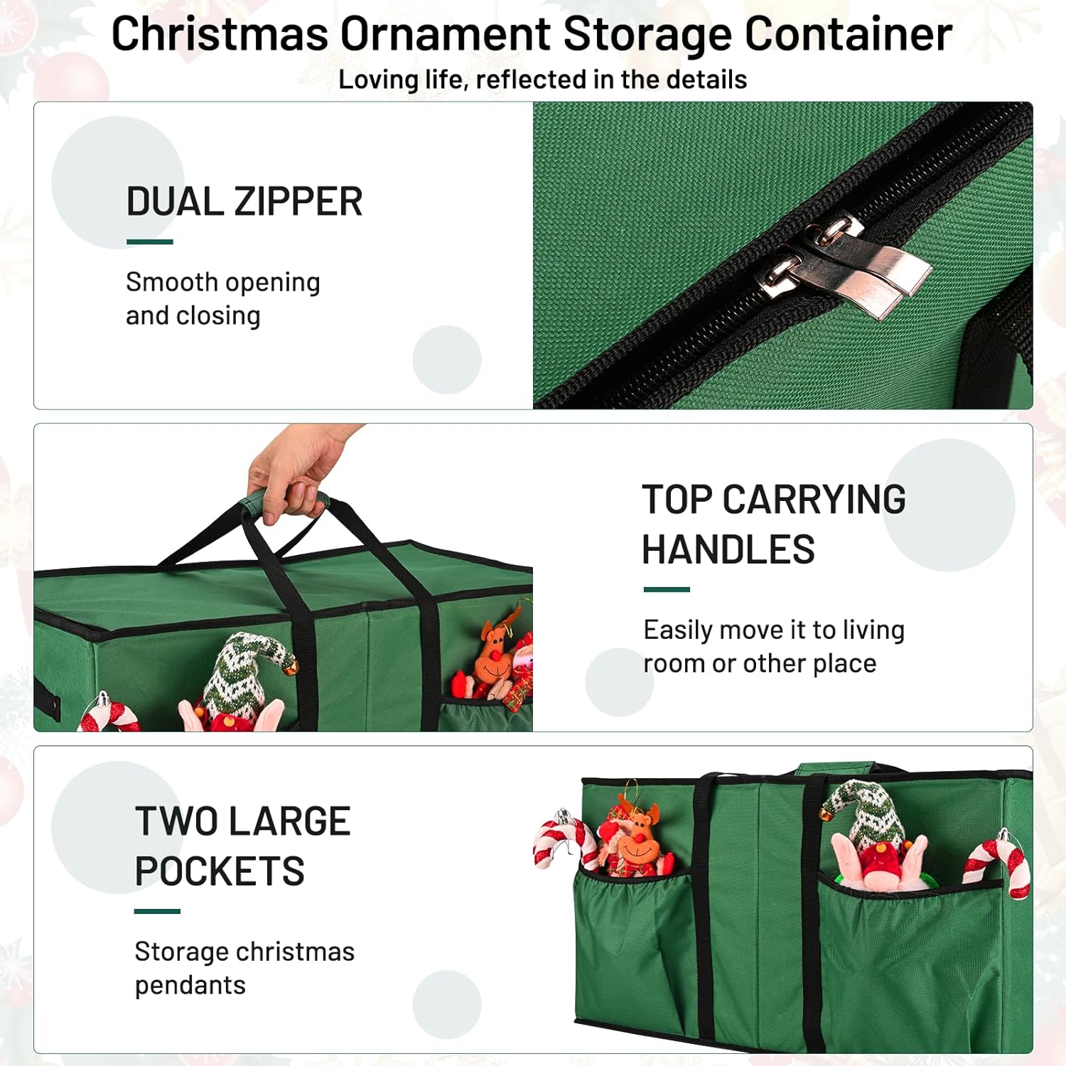 Keten Christmas Ornament Storage, Ornament Storage Box Fits 128 Holiday Ornaments 3-Inch,with Adjustable Dividers & Pockets, Dual Zipper Closure, 600D Tear-Proof Fabric (Green)