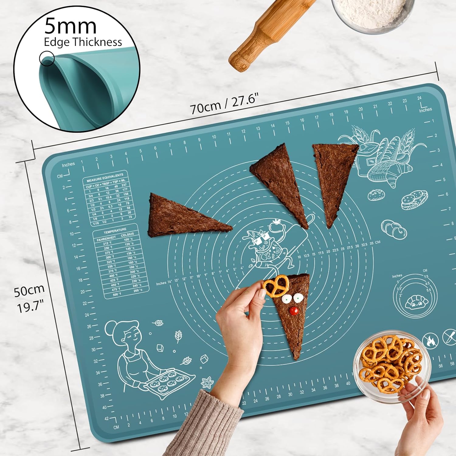 Silicone Pastry Mat Extra Thick Non-stick Baking Mat, 28" x 20" Rolling Dough With Measurements Non-slip Silicone Mat, Kneading Mat, Counter Mat, Dough Mat with Edge Heightening