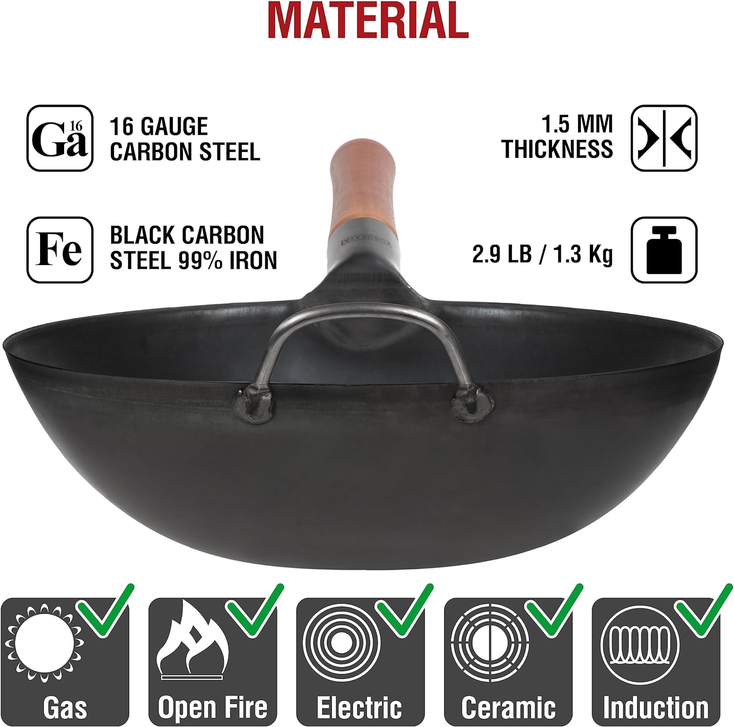 YOSUKATA Carbon Steel Wok Pan – 13,5 “ Stir Fry Pans - Chinese Wok with Flat Bottom Pow Wok - Traditional Japanese Woks - Black Carbon Steel