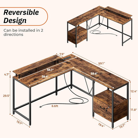 PRAISUN L Shaped Office Desk with LED Lights and Power Outlets, Reversible Computer Desk with File Cabinet and Monitor Shelves, Home Office Desk, Corner Gaming Desk, Vintage Brown