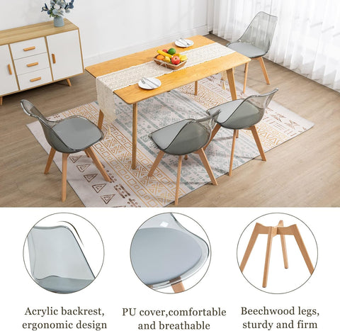 ANOUR Dining Chairs Set of 4, Modern Kitchen Clear Acrylic Accent Dinner Chairs with PU Leather Cushions Seat and Solid Beech Legs, Suitable for Living Room and Bedroom