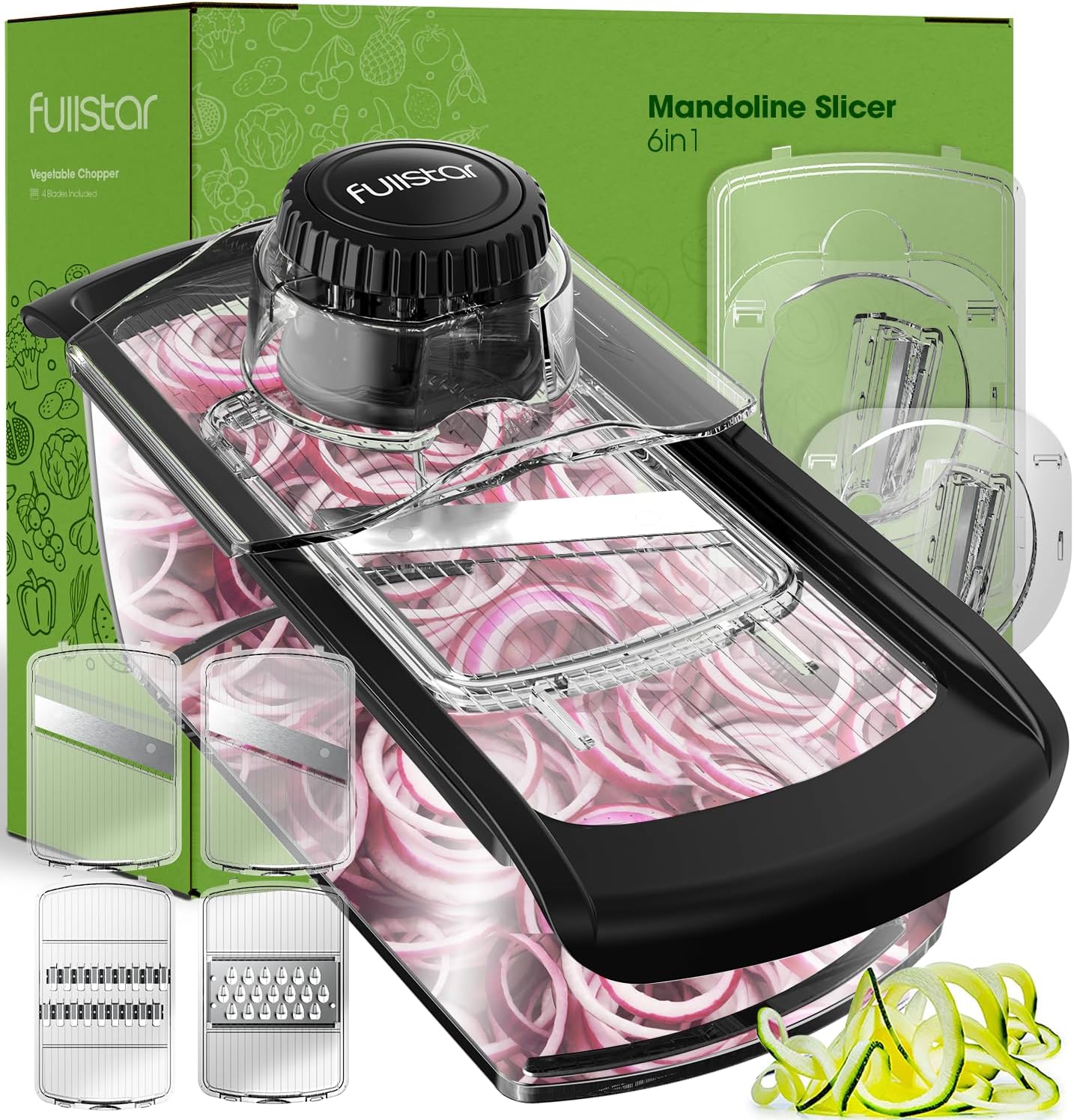 Fullstar Mandoline Slicer for Kitchen, Cheese Grater Vegetable Spiralizer and Veggie Slicer for Cooking & Meal Prep, Kitchen Gadgets Organizer & Safety Glove Included (6 in 1, White)