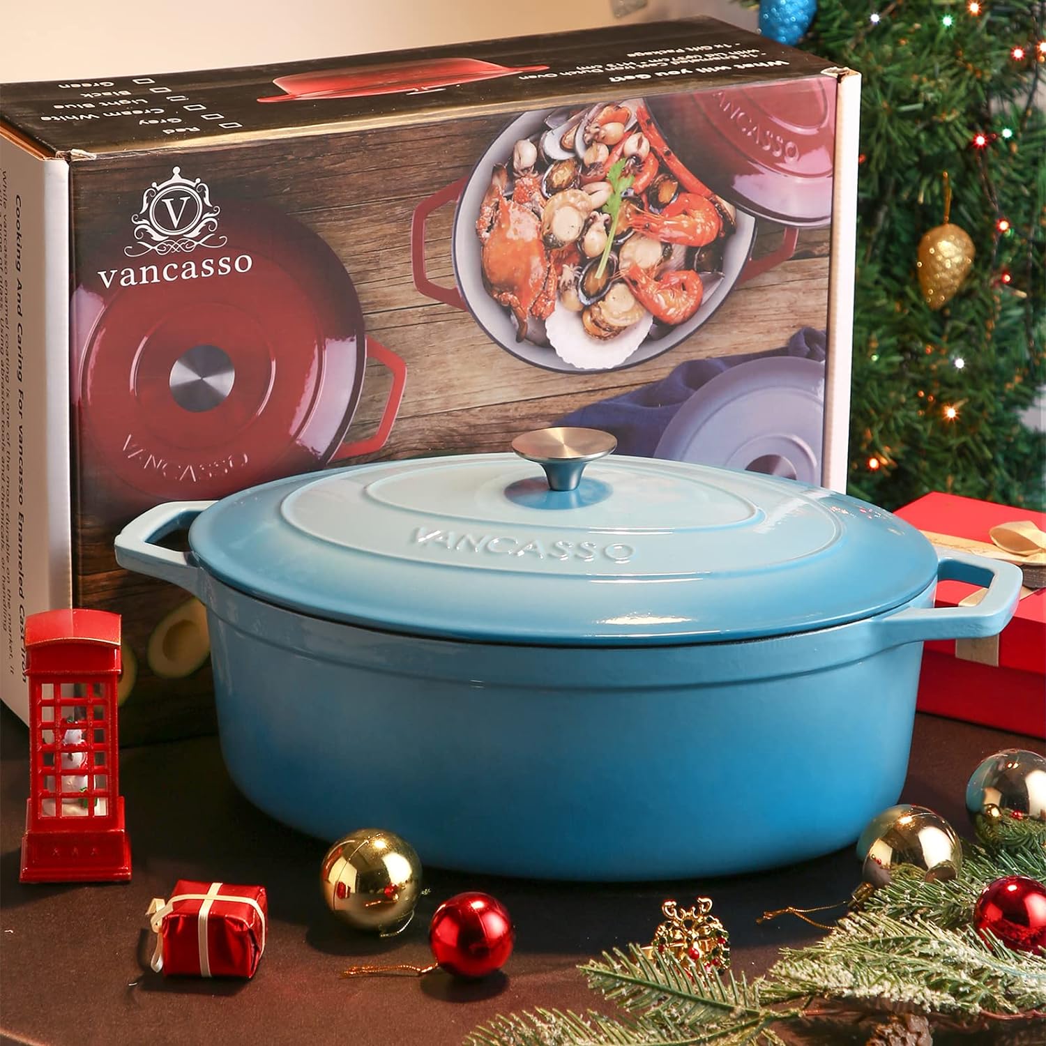 vancasso Round Dutch Ovens,9.3 QT Oval Enameled Coating Cast Iron Dutch Oven Pot for Baking, Red