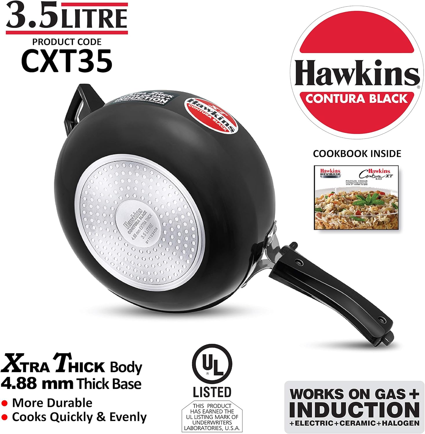 Hawkins CXT50 Contura Hard Anodized Induction Compatible Extra Thick Base Pressure Cooker, Black, 5L, 5 L