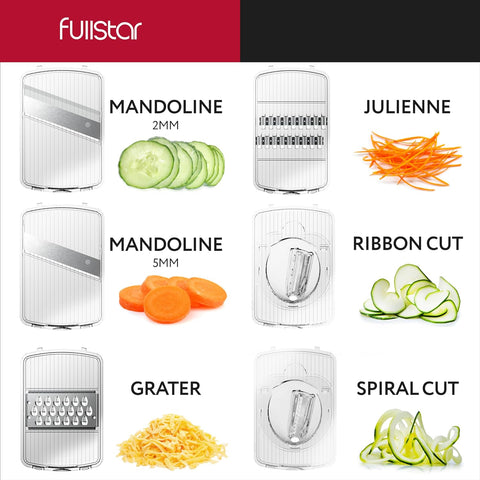 Fullstar Mandoline Slicer for Kitchen, Cheese Grater Vegetable Spiralizer and Veggie Slicer for Cooking & Meal Prep, Kitchen Gadgets Organizer & Safety Glove Included (6 in 1, White)