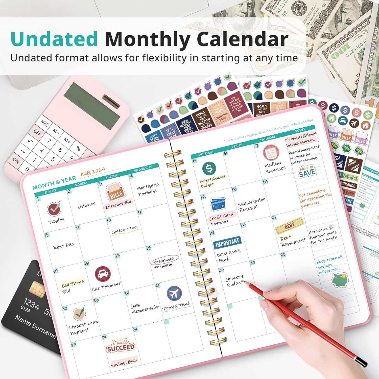 Budget Planner - Monthly Budget Book 2024 with Expense & Bill Tracker - Undated 12 Month Financial Planner/Account Book to Take Control of Your Money - Pink