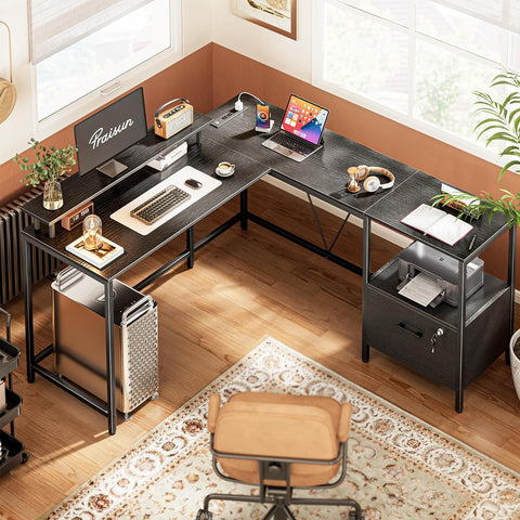 PRAISUN L Shaped Office Desk with LED Lights and Power Outlets, Reversible Computer Desk with File Cabinet and Monitor Shelves, Home Office Desk, Corner Gaming Desk, Vintage Brown