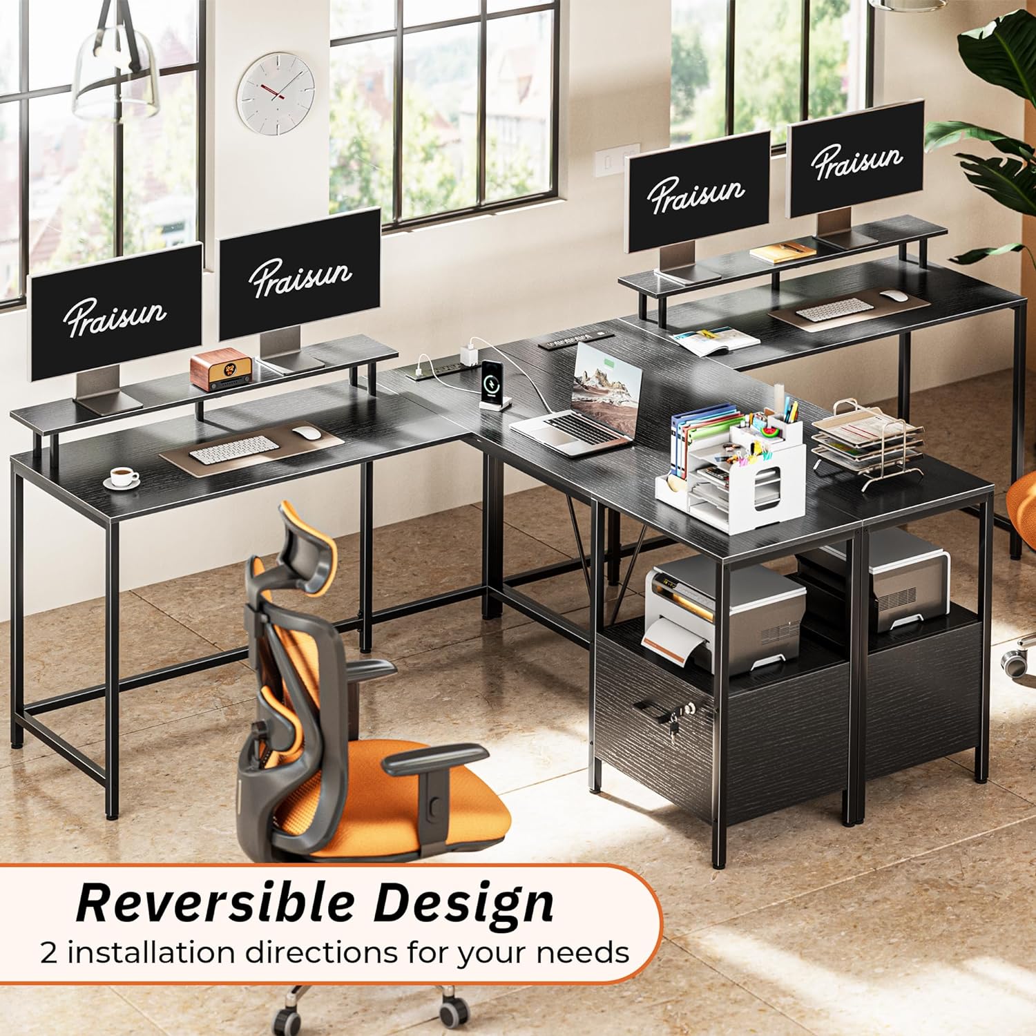 PRAISUN L Shaped Office Desk with LED Lights and Power Outlets, Reversible Computer Desk with File Cabinet and Monitor Shelves, Home Office Desk, Corner Gaming Desk, Vintage Brown