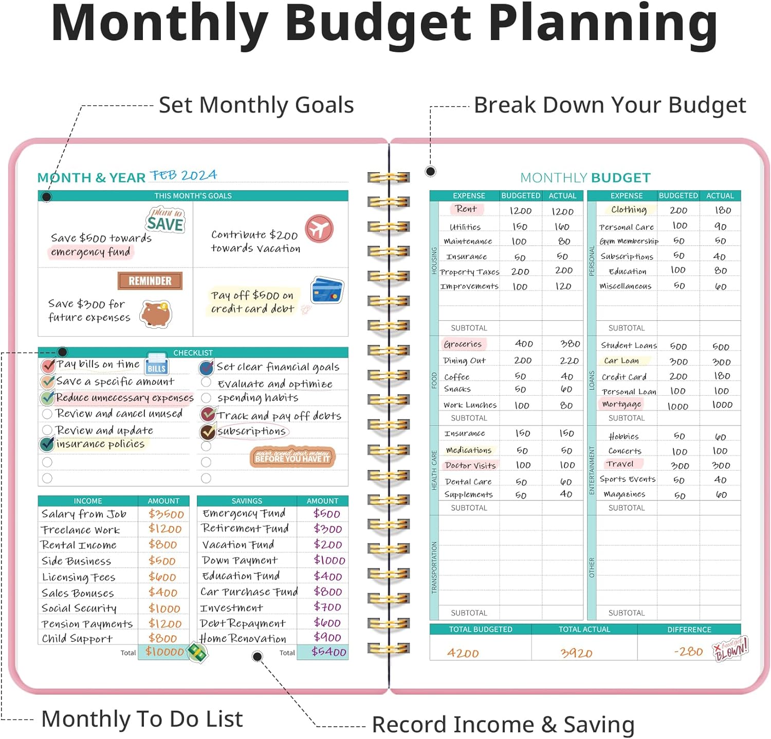 Budget Planner - Monthly Budget Book 2024 with Expense & Bill Tracker - Undated 12 Month Financial Planner/Account Book to Take Control of Your Money - Pink