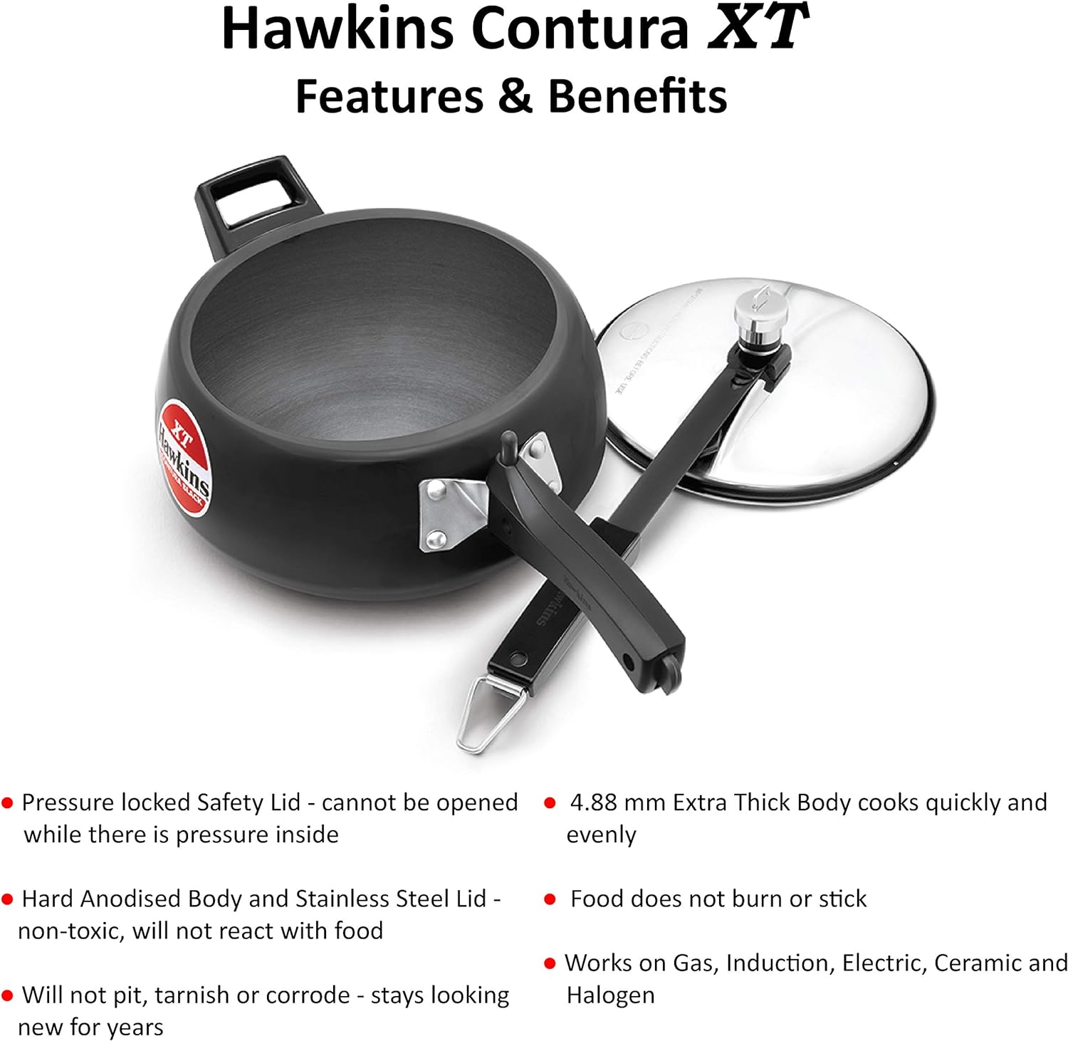 Hawkins CXT50 Contura Hard Anodized Induction Compatible Extra Thick Base Pressure Cooker, Black, 5L, 5 L