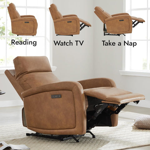 Watson & Whitely Recliner Chairs for Adults, Zero Wall Reclining Sofa Chair W Power Headrest Type-C Charger, Small Faux Leather RV Recliners Home Theater Seating for Living Room, Cognac Brown