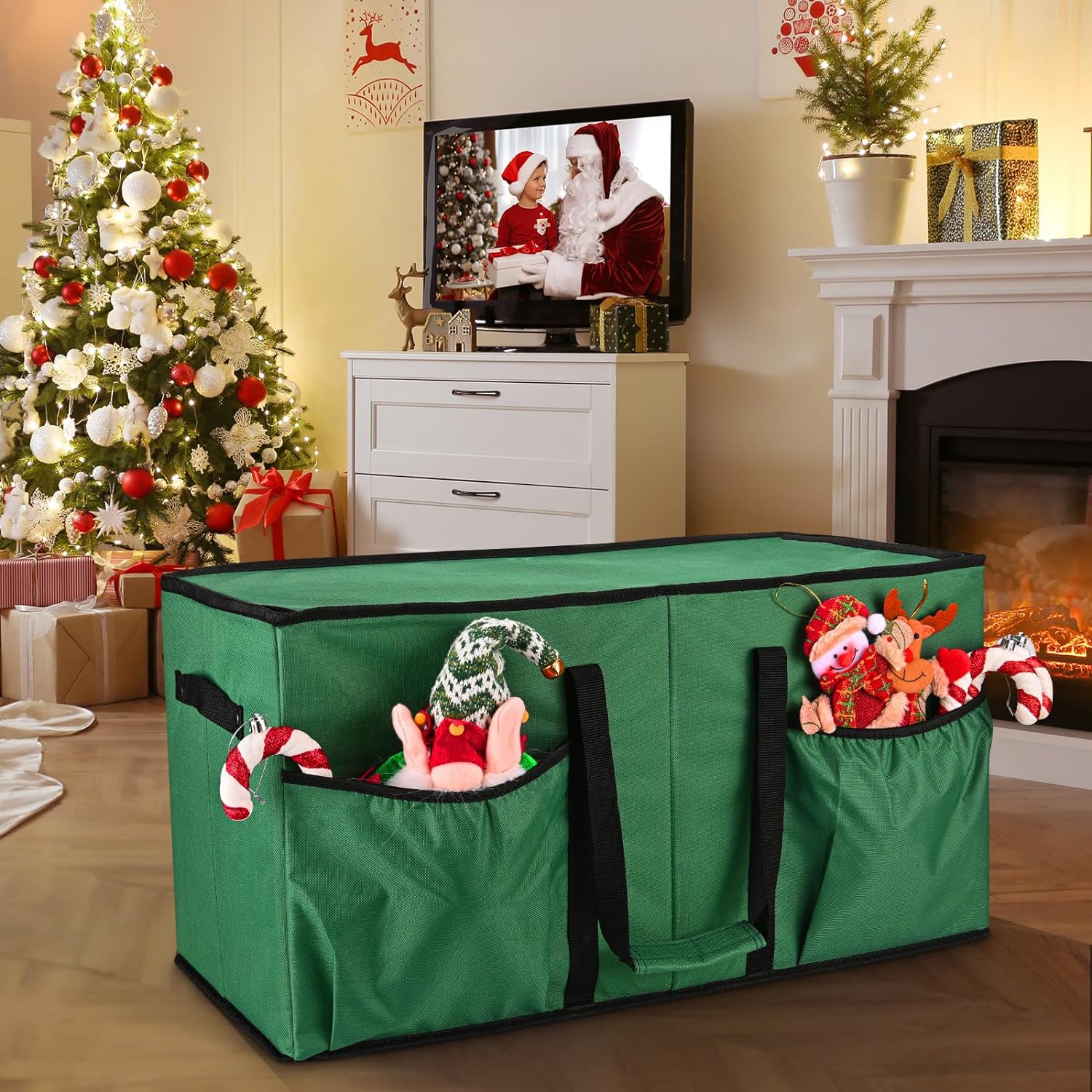 Keten Christmas Ornament Storage, Ornament Storage Box Fits 128 Holiday Ornaments 3-Inch,with Adjustable Dividers & Pockets, Dual Zipper Closure, 600D Tear-Proof Fabric (Green)