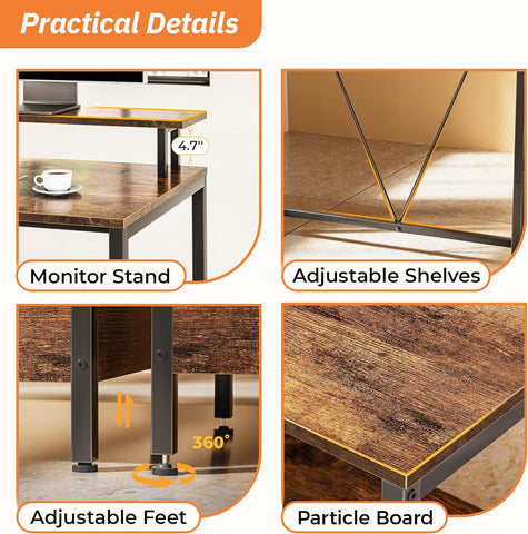 PRAISUN L Shaped Office Desk with LED Lights and Power Outlets, Reversible Computer Desk with File Cabinet and Monitor Shelves, Home Office Desk, Corner Gaming Desk, Vintage Brown