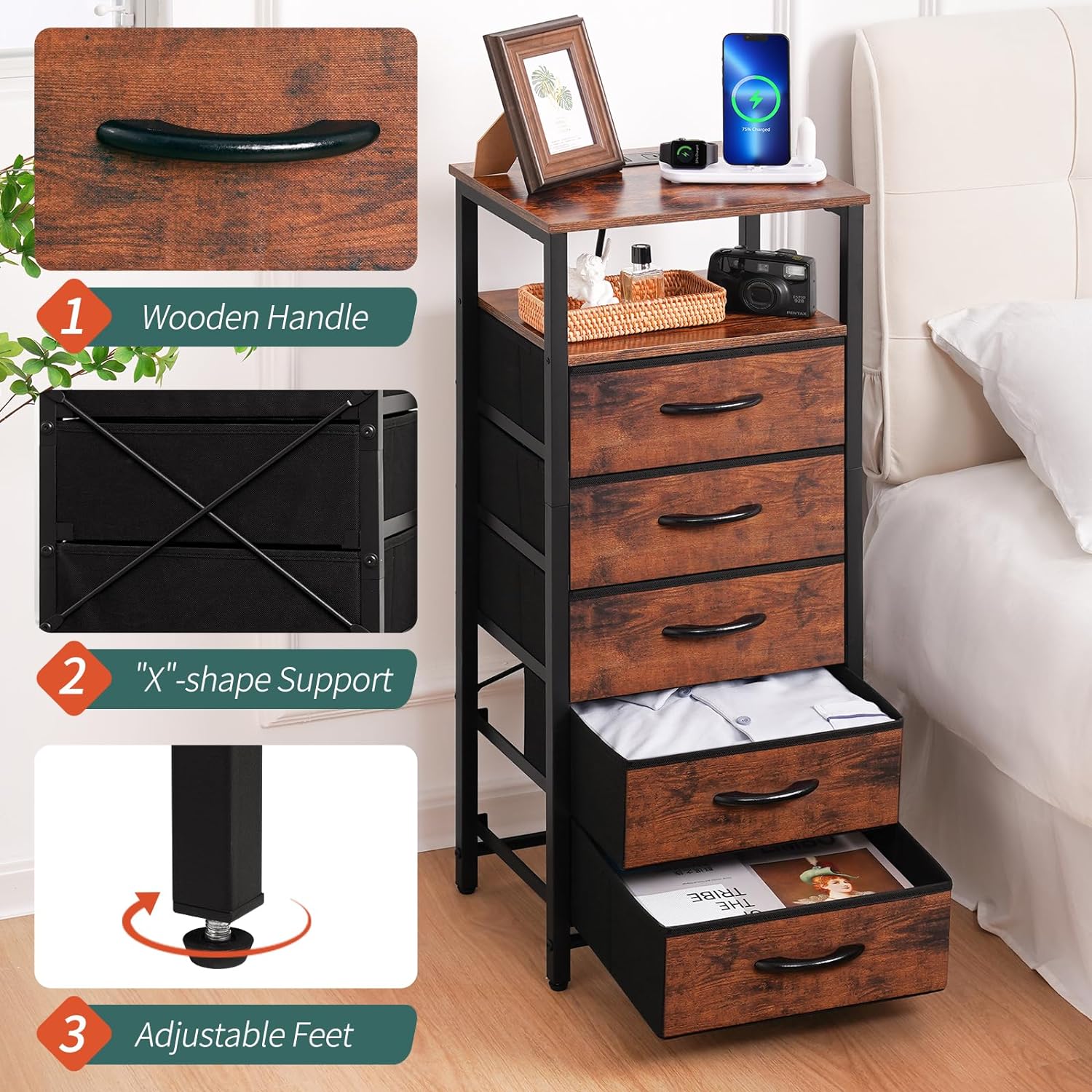 Yoobure Dresser with 4 Storage Drawers and Charging Station, Small Dresser for Bedroom, Tall Dressers & Chests of Drawers, Fabric Side Table for Closet, Nightstand Bedside Tables, Berry Brown