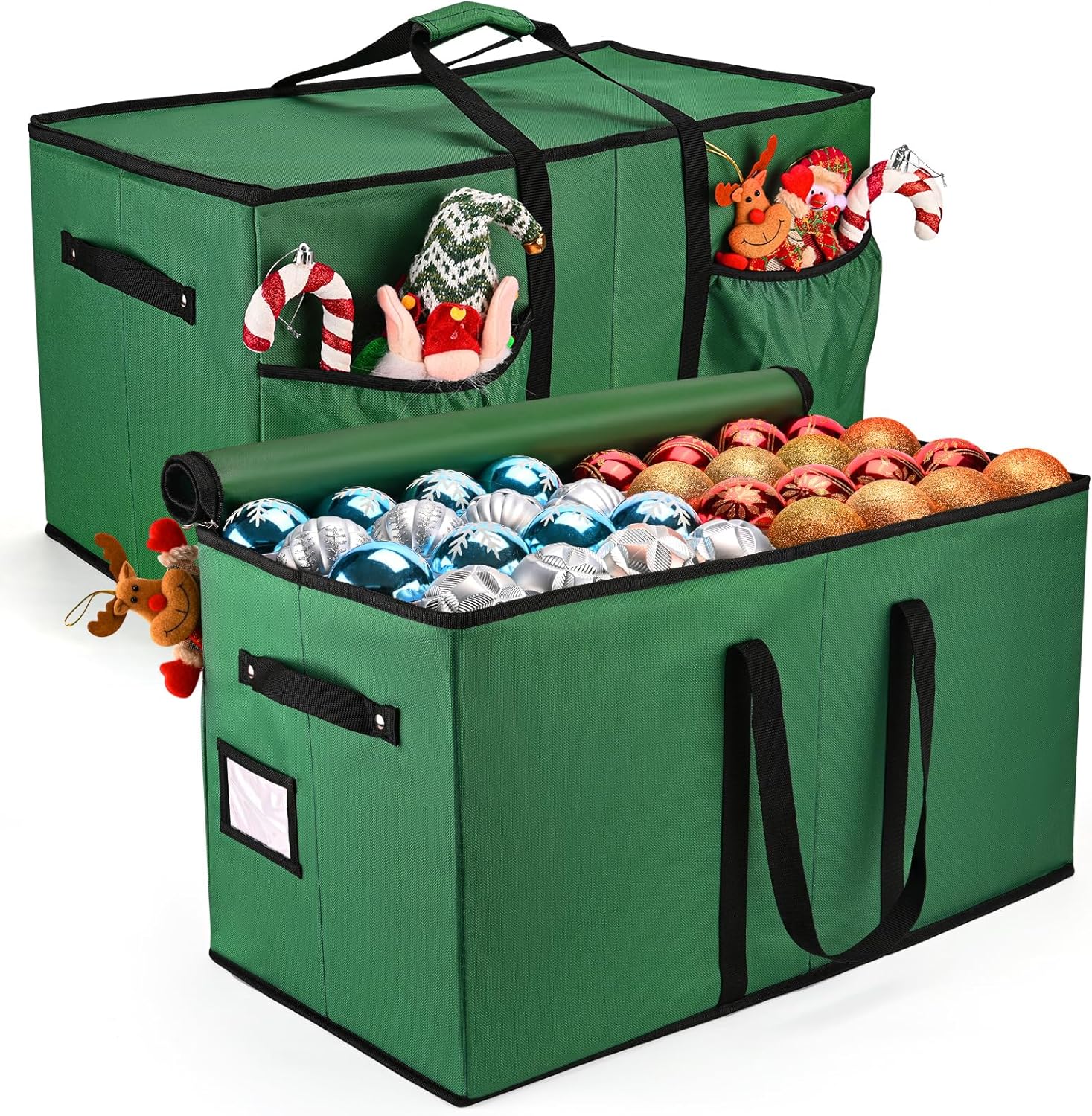 Keten Christmas Ornament Storage, Ornament Storage Box Fits 128 Holiday Ornaments 3-Inch,with Adjustable Dividers & Pockets, Dual Zipper Closure, 600D Tear-Proof Fabric (Green)