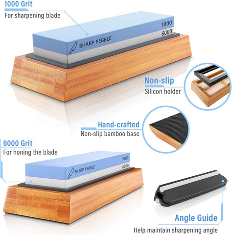 Sharp Pebble Premium Whetstone Knife Sharpening Stone 2 Side Grit 1000/6000 Waterstone- Whetstone Knife Sharpener- NonSlip Bamboo Base & Angle Guide