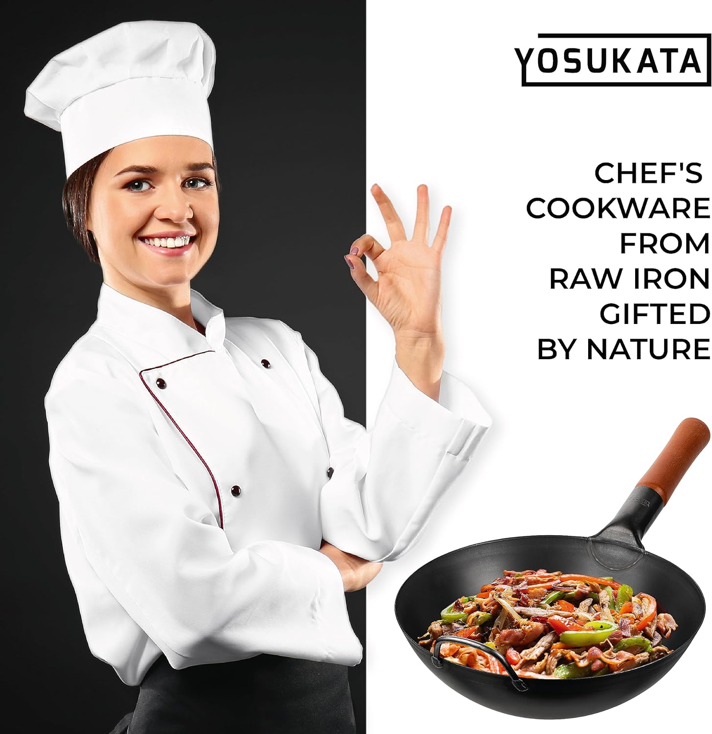 YOSUKATA Carbon Steel Wok Pan – 13,5 “ Stir Fry Pans - Chinese Wok with Flat Bottom Pow Wok - Traditional Japanese Woks - Black Carbon Steel