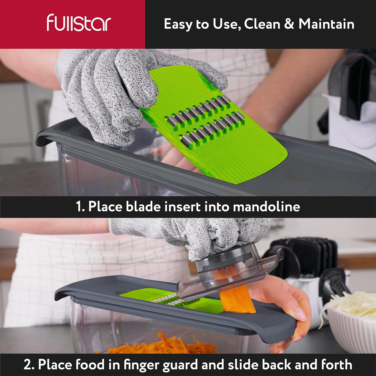 Fullstar Mandoline Slicer for Kitchen, Cheese Grater Vegetable Spiralizer and Veggie Slicer for Cooking & Meal Prep, Kitchen Gadgets Organizer & Safety Glove Included (6 in 1, White)