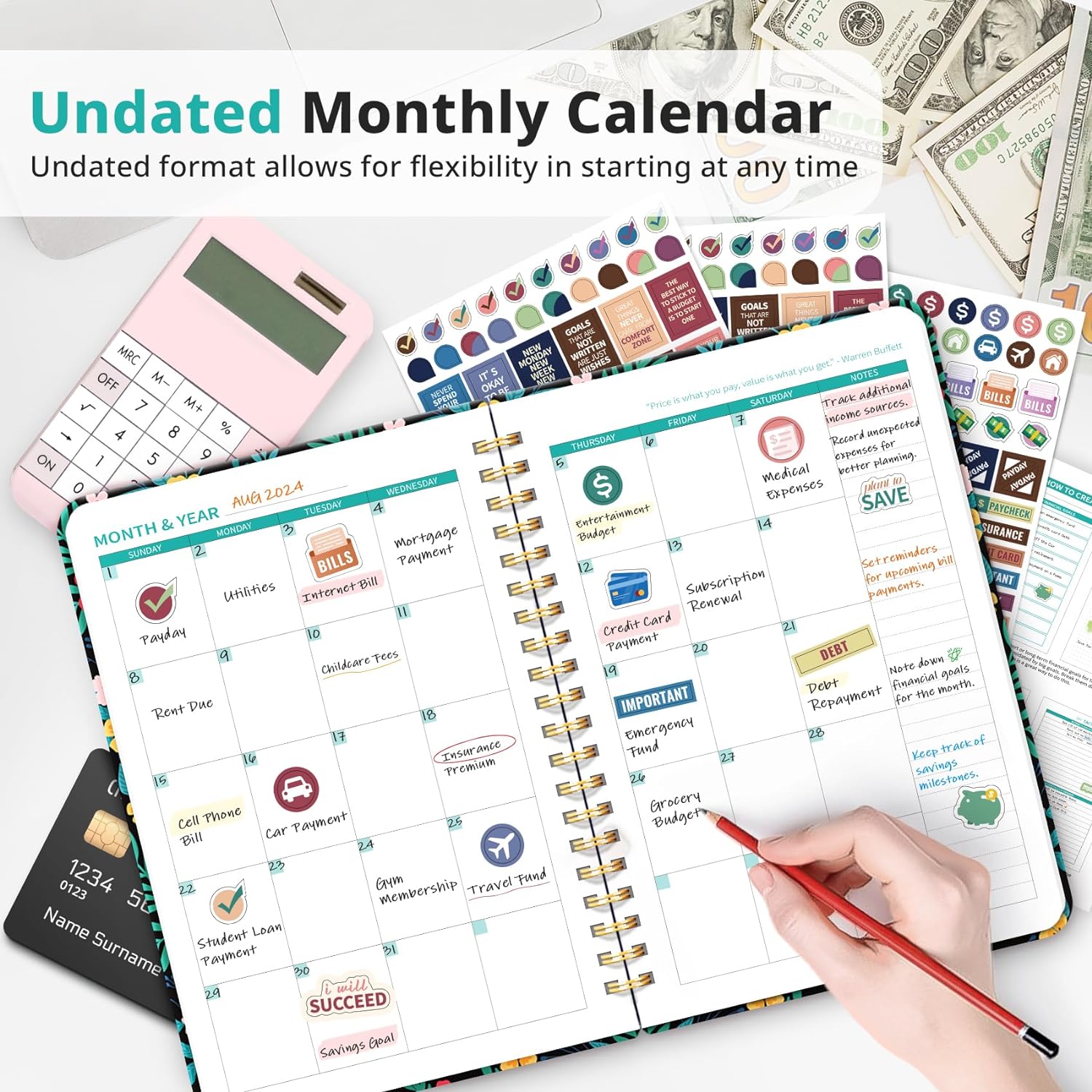 Budget Planner - Monthly Budget Book 2024 with Expense & Bill Tracker - Undated 12 Month Financial Planner/Account Book to Take Control of Your Money - Pink