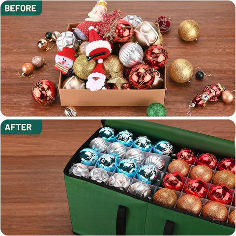 Keten Christmas Ornament Storage, Ornament Storage Box Fits 128 Holiday Ornaments 3-Inch,with Adjustable Dividers & Pockets, Dual Zipper Closure, 600D Tear-Proof Fabric (Green)