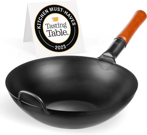 YOSUKATA Carbon Steel Wok Pan – 13,5 “ Stir Fry Pans - Chinese Wok with Flat Bottom Pow Wok - Traditional Japanese Woks - Black Carbon Steel