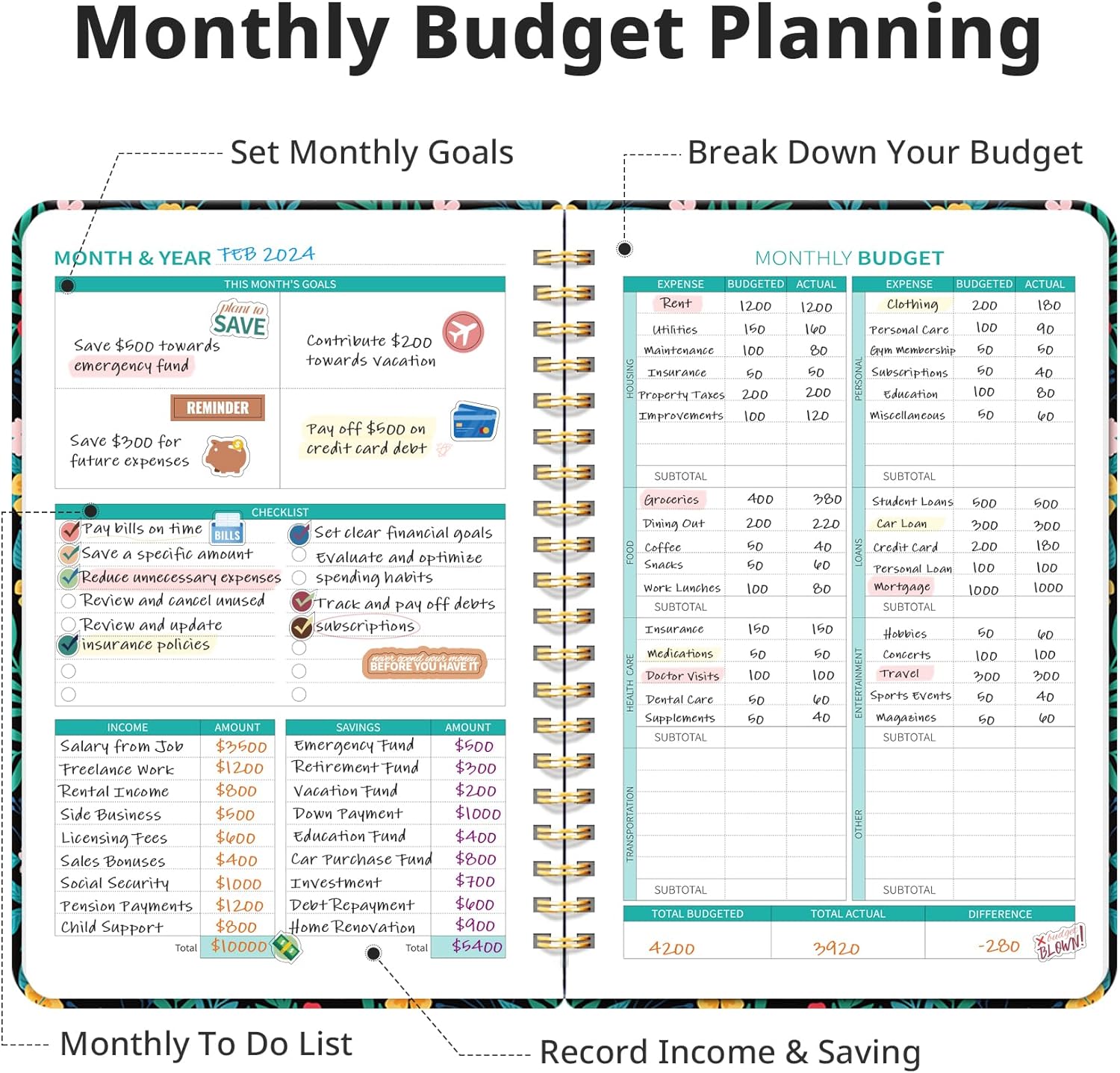 Budget Planner - Monthly Budget Book 2024 with Expense & Bill Tracker - Undated 12 Month Financial Planner/Account Book to Take Control of Your Money - Pink