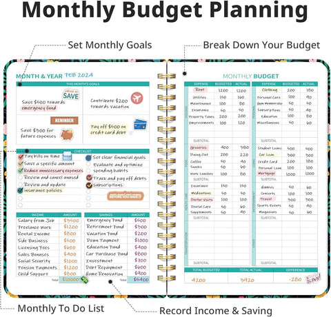 Budget Planner - Monthly Budget Book 2024 with Expense & Bill Tracker - Undated 12 Month Financial Planner/Account Book to Take Control of Your Money - Pink