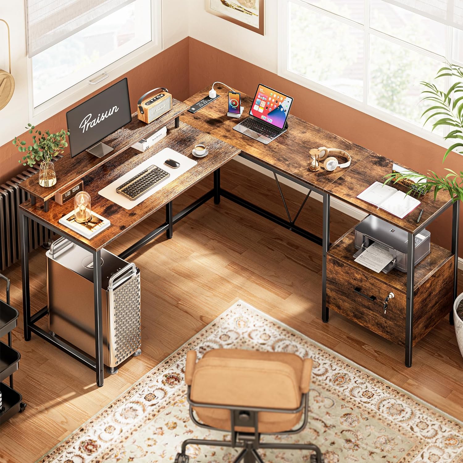 PRAISUN L Shaped Office Desk with LED Lights and Power Outlets, Reversible Computer Desk with File Cabinet and Monitor Shelves, Home Office Desk, Corner Gaming Desk, Vintage Brown