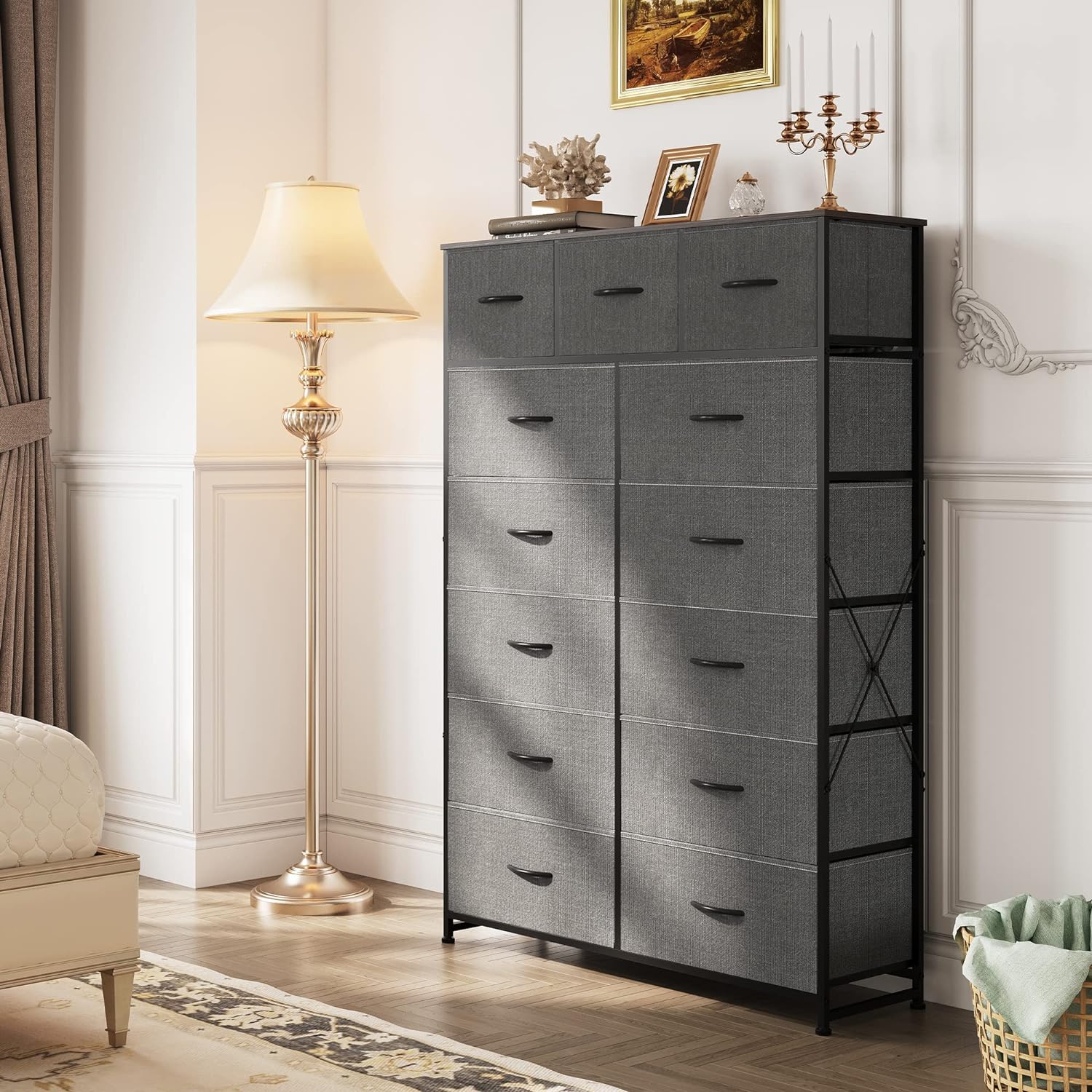 WLIVE Tall Dresser for Bedroom with 13 Drawers, Storage Dresser Organizer Unit, Fabric Dresser for Bedroom, Closet, Chest of Drawers, Steel Frame, Wood Top, Rustic Brown Wood Grain Print