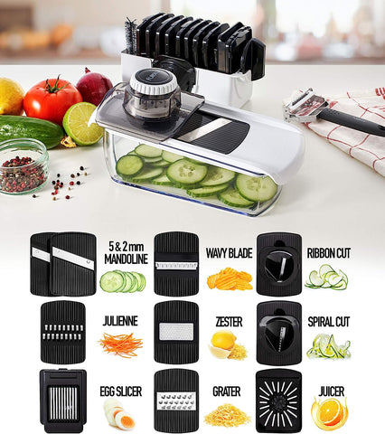 Fullstar Mandoline Slicer for Kitchen, Cheese Grater Vegetable Spiralizer and Veggie Slicer for Cooking & Meal Prep, Kitchen Gadgets Organizer & Safety Glove Included (6 in 1, White)